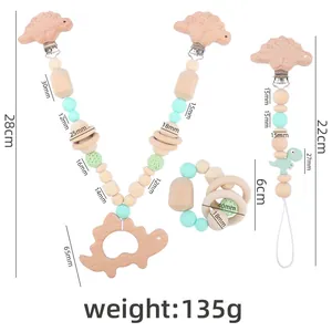 Dinosaur silicone beads pacifier clip and beech wood teether set for stroller