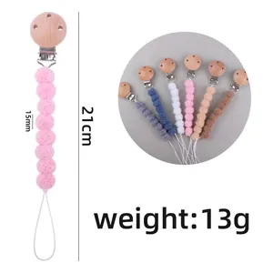 21cm baby pacifier chain with soft colorful plush balls and natural wooden clip