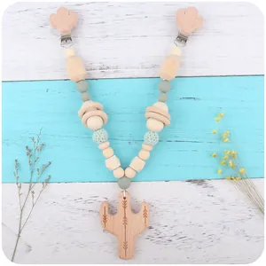 Handmade beech wood cactus pacifier clip set with grey silicone and crochet beads