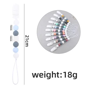Detailed view of 21cm silicone pacifier clip with colorful beads and white safety clip