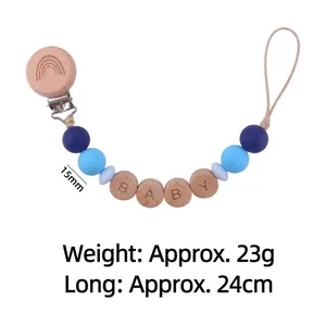 Handmade rainbow wooden baby pacifier clip with blue silicone beads and BABY letter beads
