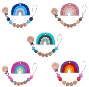 Rainbow silicone baby teether clips set with natural beech wood and letter beads