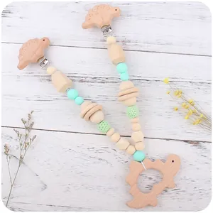 Baby dinosaur beech wood teether pacifier chain with silicone and crochet beads