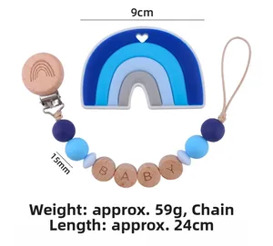 Detailed view of silicone rainbow teether and beaded pacifier clip with dimensions