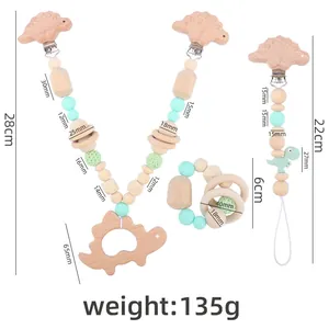 Baby dinosaur beech wood teether set with stroller chain and pacifier clip for infants