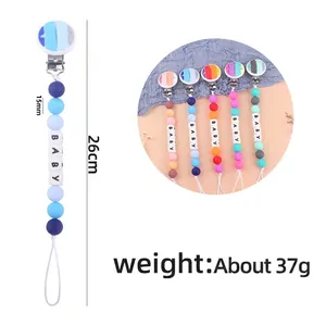 DIY silicone pacifier clip with colorful rainbow beads and BABY letters, 26cm length