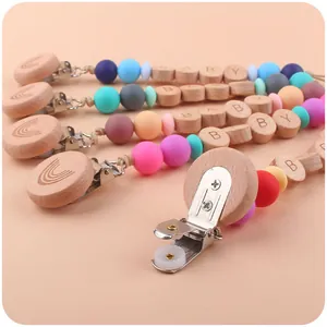 Rainbow beech wood pacifier clips with colorful silicone beads and BABY letter beads