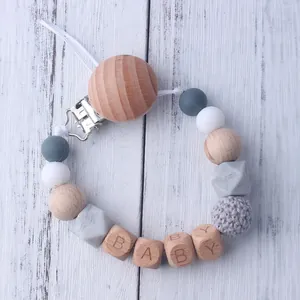 Handmade Beech Wood Silicone Baby Pacifier Clip Alphabet Beads Teething Chain Soothing Anti-Drop Pacifier Holder Leash Strap
