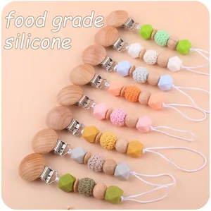 Colorful pacifier clips set with food grade silicone beads and natural beech wood