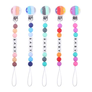 Silicone Baby Pacifier Clip With BABY Letter Beads Rainbow Teething Soother Holder Anti Drop Chain For Infants Toddlers Accessory