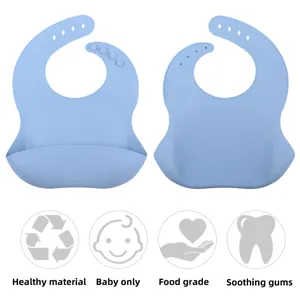 Adjustable light blue silicone baby bib with crumb catcher for infants and toddlers