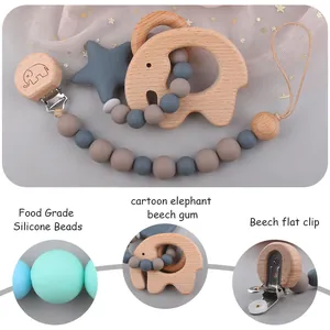 Set de dentición para bebés con elefante de madera de haya y clip de silicona