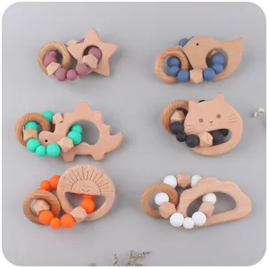6-piece baby teething set with beech wood rings and colorful silicone beads in animal shapes