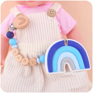 Rainbow silicone baby pacifier clip with beech wood beads and engraved baby lettering