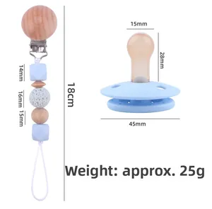 Detailed size chart for baby pacifier set showing 18cm bead chain and 45mm pacifier dimensions