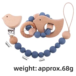 Beech wood cartoon bird pacifier clip and silicone bead teething toy set, 68g weight