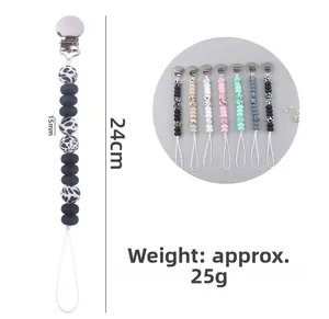 Detailed view of silicone pacifier clip showing 15mm beads and 24cm overall length
