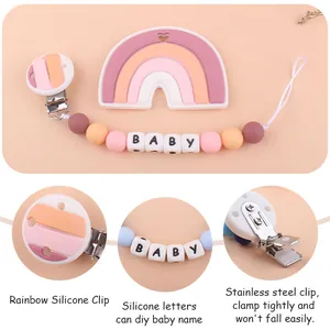 DIY baby pacifier clip with silicone rainbow beads and stainless steel safety clasp