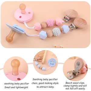 Beechwood and silicone pacifier clip set with soft beads for infants and babies