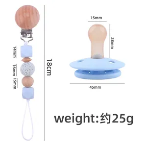 Beech wood pacifier clip set with blue silicone beads and dummy, 18cm length
