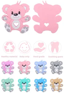 Detail showing various colors of bear-shaped food grade silicone baby teethers with textures