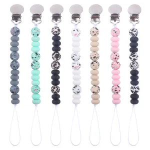 Silicone Bead Baby Pacifier Clip Leopard Print Terrazzo Pattern Anti-Drop Soothing Pacifier Chain For Infants Teether Holder