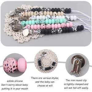 Silicone pacifier clip with leopard print beads and metal clasp for baby soothing