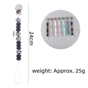 Leopard print silicone bead baby pacifier clip with metal fastener 24cm length