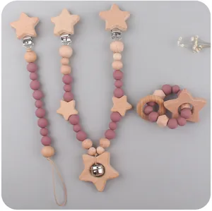 Details von Baby Schnullerketten aus Buchenholz und Stern Beißring Set in Altrosa