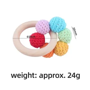 Colorful crochet beads and natural beech wood baby teething ring sensory toy