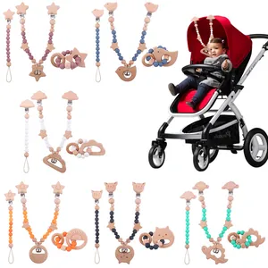 Baby Schnullerketten Set Buchenholz Silikonperlen Beißring Kinderwagen Hängendes Beruhigungsspielzeug Set Cartoon Tier Design
