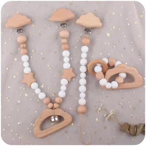 Baby-Schnullerketten-Set aus Buchenholz mit Silikon-Beißperlen und Holz-Beißring-Greifling