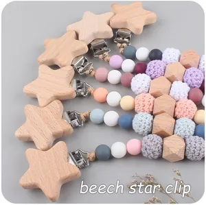 Colorful silicone beads and beech wood star clip for baby pacifier holder chain