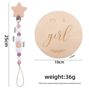 Star wooden pacifier clip and It's a Girl milestone card set for newborns