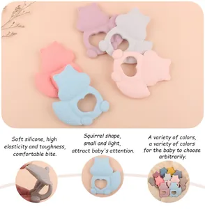 Detailed view of soft food-grade silicone squirrel teether with heart grip and textures
