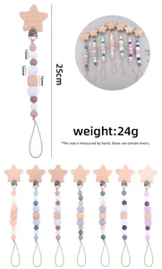Detail of 25cm beech wood pacifier clip with 12mm silicone beads and star-shaped wooden clamp
