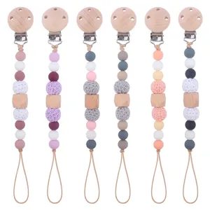Buchenholz Silikon Baby Schnullerkette Beruhigender Beißring Perlenhalter Für Säuglinge Kleinkinder Anti-Verlust Schnullerband