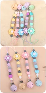 Detail of colorful silicone pacifier clips with flower beads and crochet textures