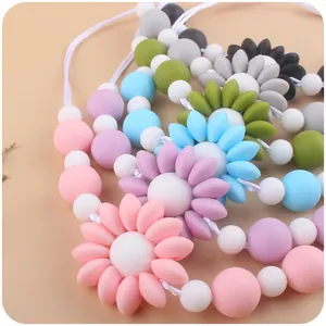 Handmade baby silicone flower teething necklace with colorful beads for sensory chewing