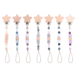 Handmade Baby Pacifier Clip Star Beech Wood Silicone Beads Crochet Chain Anti-drop Nipple Holder For Infants Nordic Style Teether Accessory