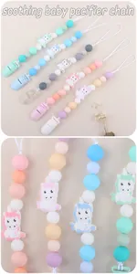 Close-up of food-grade silicone pacifier clips with unicorn beads in macaron colors