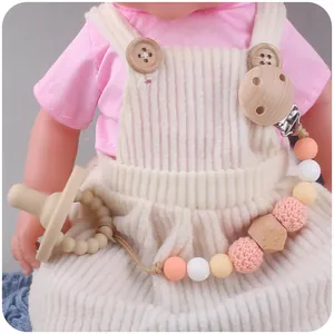 Baby Schnullerkette mit Clip aus Buchenholz, Silikonperlen und weichen Häkelelementen