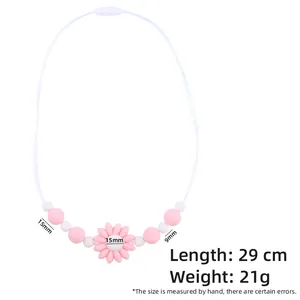 Baby silicone teething necklace with cartoon flower pendant and soft pink beads