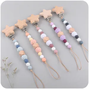 Star-shaped beech wood pacifier clip set with silicone and crochet teething beads