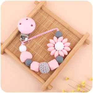 Silicone Wooden Pacifier Clip Chain For Baby Cartoon Sunflower Teething Beads Soothing Nipple Holder For Newborn Infant
