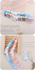 Detail of food grade silicone pacifier clip featuring a cartoon unicorn and macaron beads