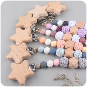 Star-shaped beech wood and silicone baby pacifier clip chain in various colors