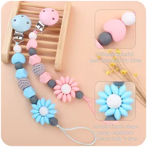 Silicone flower pacifier clip with macaron beads for baby teething and soothing