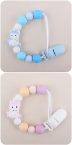 Detail of silicone pacifier clips with unicorn beads in blue and pink pastel colors