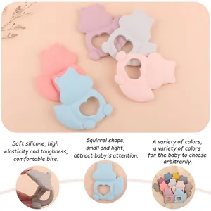 Squirrel-shaped baby teething toy made of soft silicone in various macaron colors